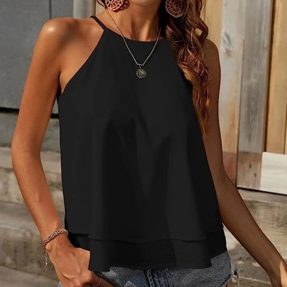 Zara Tank top Flowy Lined chiffon American collar Black Size XS - Picture 1 of 12
